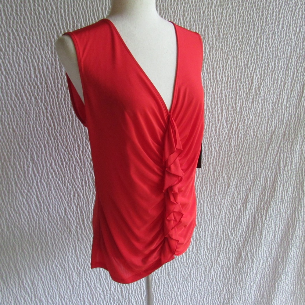 Lafayette 148 New York Coral Orange Ruffle Womens XL Shirt Top Vneck New $198
